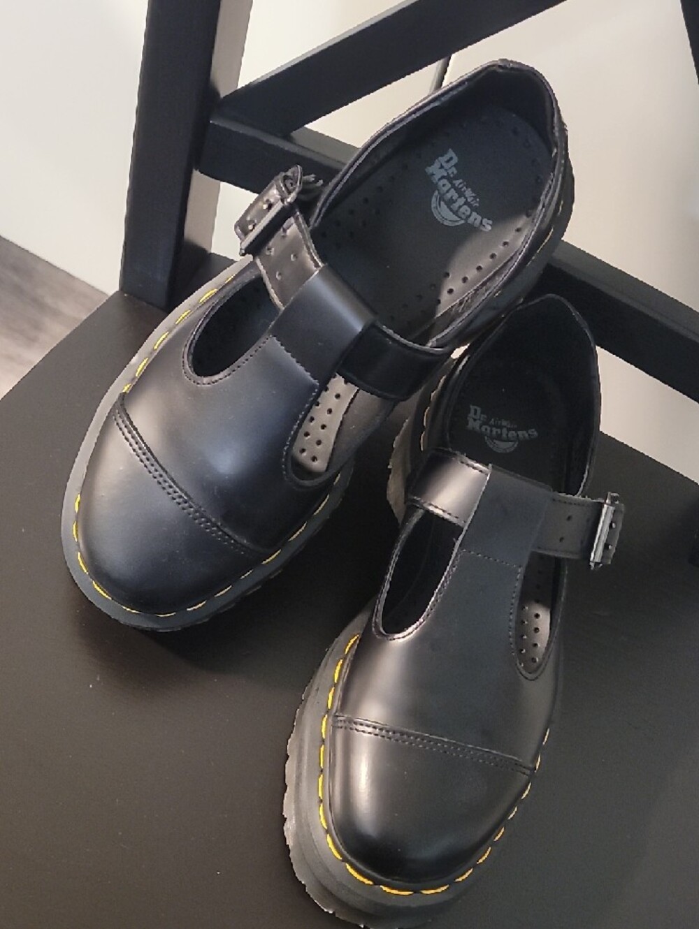 Dr. Martens Black Leather T-Bar Mary Jane Shoes with Yellow Stitching - Picture 4 of 4